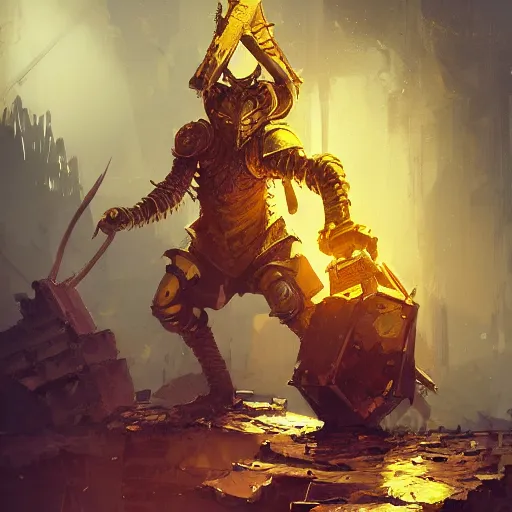 Image similar to gold dragonborn artificer, by Ismail Inceoglu, golden, mechnical, tinkering, character art, dungeons and dragons, digital art