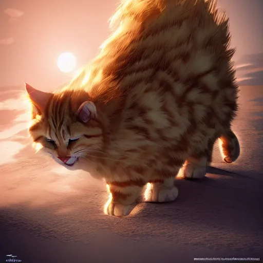 Image similar to colossal fluffy tabby cat going super saiyan, golden hour, fantasy, sharp focus, digital art, hyper realistic, 4 k, unreal engine, highly detailed, hd, dramatic lighting by brom, trending on artstation