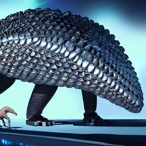 Image similar to a robotic pangolin that stands six feet tall with pearl white scales standing on its hind legs in front of a spaceship on an alien planet, sci Fi concept art