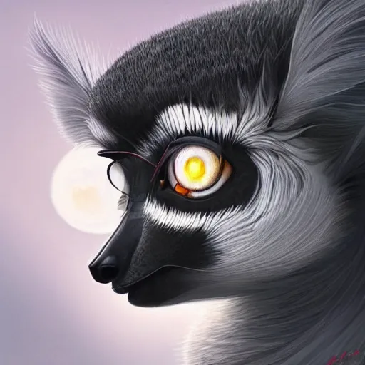 Image similar to geometric lemur, moon in the background, intricate, elegant, highly detailed, digital painting, artstation, concept art, smooth, sharp focus, illustration, art by artgerm