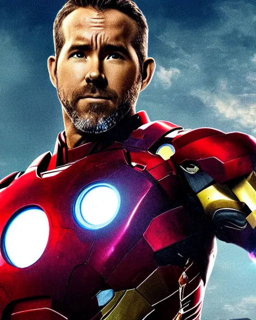 Prompt: ryan reynolds wearing an iron man suit without the mask, movie poster, dramatic, studio lighting, photoshoot