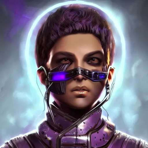 Image similar to cyber punk roman lenionary, light brown skin, dark purple hair, and silver eyes full body, dungeons and dragons portrait, highly detailed, digital painting, artstation, concept art, sharp focus, illustration, art by ansel adams