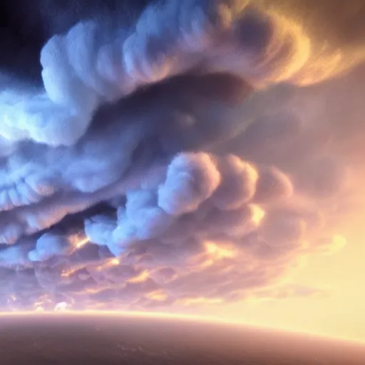 Image similar to promotional movie still, view of alien gas clouds, extreme fluffy clouds, colors, 3 d, digital art, octane 3 d render, ue 5, realism, cinematic, imax 7 0 mm.