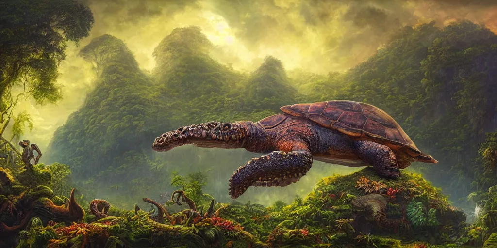 Image similar to fantasy oil painting, great leviathan, turtle cephalopod terrapin reptilian pachyderm amphibian hybrid, epic natural light, lush plants flowers, rainforest mountains, bright clouds, luminous sky, outer worlds, cinematic lighting, michael whelan, michael cheval, vray, 8 k hd