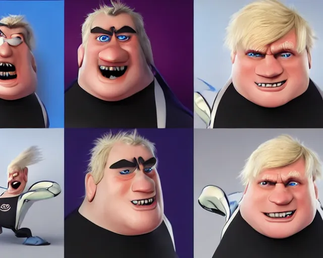 Image similar to boris johnson as mr incredible, character art, by various concept artists, redshift render, hyperrealistic face, photorealistic render