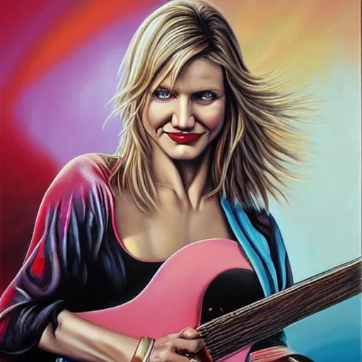 Prompt: a hyperrealistic painting of cameron diaz playing a guitar by Jason Edmiston,