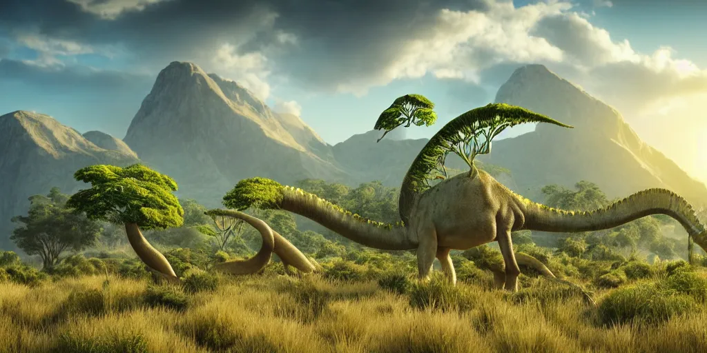 Image similar to a prehistoric fern savanna, a sauropod neck in the background, mountains, clouds, volumetric lighting, hazy, washed out, an award winning digital render, beautiful, ultradetailed, hyperrealistic, great composition