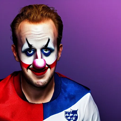 Image similar to Harry Kane dressed as a clown, 8k, extreme detail, studio light, dramatic, sharp focus,