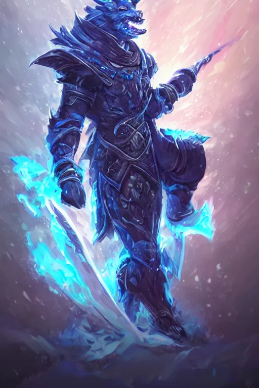 Image similar to anthropomorphic Azure wolf knight, DnD character art portrait, fantasy battleground, raining, blue flame, oil painting, heroic pose, magic the gathering artwork, D&D, fantasy, cinematic lighting, centered, symmetrical, highly detailed, digital painting, artstation, concept art, chromatic aberration, post processing, smooth, sharp focus, illustration, volumetric lighting, epic Composition, 8k, art, DeviantArt, trending on Artstation, Jason Felix, Steve Argyle, Tyler Jacobson, Peter Mohrbacher, Akihiko Yoshida, Greg Rutkowski, Craig Mullins, Frank Frazetta, cinematic lighting