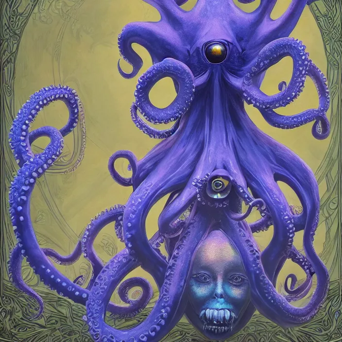 Prompt: beautiful and exotic octopus queen bust portrait, glowing big eyes, art nouveau declotage, perfect symmetrical facial features, hyperrealistic bone structure, beautiful lighting, extremely hyperdetailed, mixed media painting, unreal engine, 8 k, octane, 8 mm, by travis charest, rodney matthews and chris achilleos