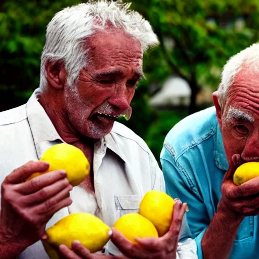 Image similar to old men eating lemon very detailed photo award winning, realistic real life style