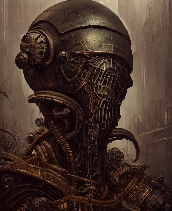 Image similar to portrait of a steampunk doomslayer by hr giger and beksinski and stephan martiniere, trending on artstation, 4 k resolution, detailed, high quality, hq artwork