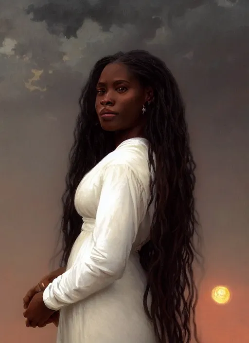 Prompt: oil painting close up portrait of a contemplative young black woman with long dark flowing hair in a white dress, covered in white roses!! at sunset, hazy, digital art, chiaroscuro, artstation, cinematic, golden hour, digital art painting by greg rutkowski, william - adolphe bouguereau, hazy atmosphere, cinematic lighting