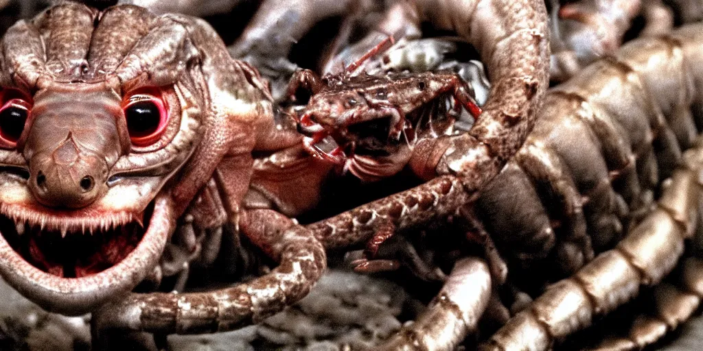 Prompt: filmic closeup dutch angle movie still 4k UHD interior 35mm film color photograph of a grotesque snarling chimera of a grasshopper, python, mollusk, isopod creature from The Thing with dark red tendrils attacking scientists in a top secret science lab in 1982