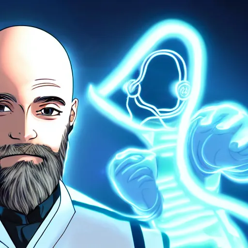 Prompt: The bald mad scientist with beard in the white lab coat has a glowing shield of bioluminescent armor protecting him during the battle. Action photo. Highly stylized. Anime.