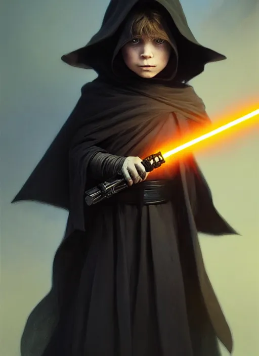 Image similar to perfectly - centered - portrait of a kid wearing black cloak holding light saber, intricate, highly detailed, digital painting, artstation, concept art, smooth, sharp focus, illustration, unreal engine 5, 8 k, art by artgerm and greg rutkowski and alphonse mucha and sam spratt