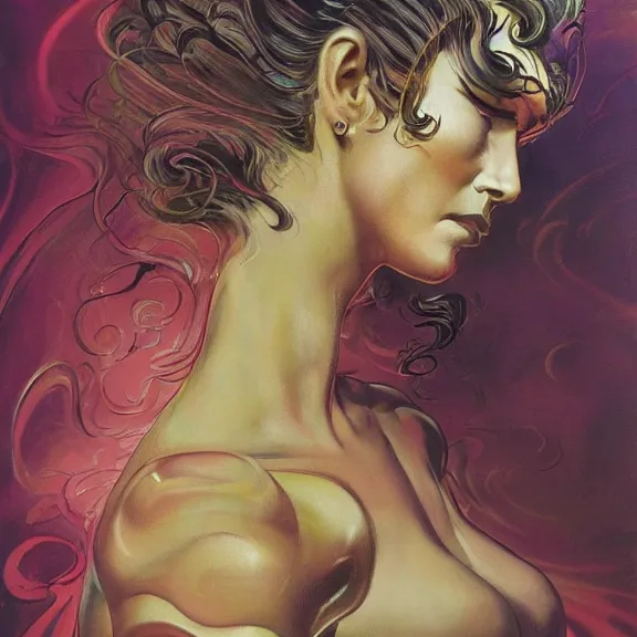 Image similar to portrait of a woman with swirling hair and fractal skin by frank frazetta, retrofuturism, psychedelic art reimagined by industrial light and magic