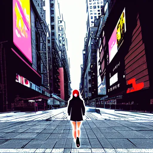 Image similar to digital anime art, unnecessary censorship of a girl walking on the streets of new york