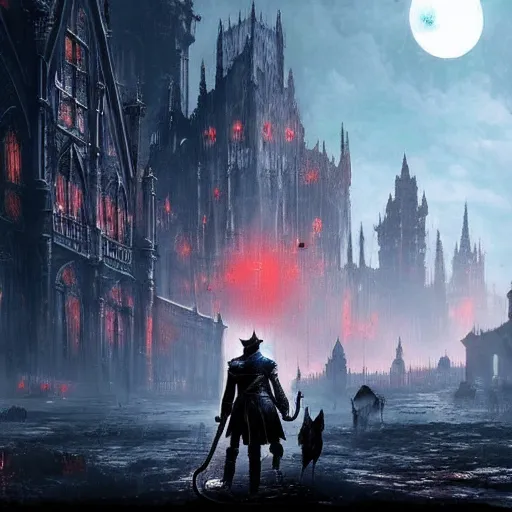 Image similar to bloodborne dog above cyberpunk planet