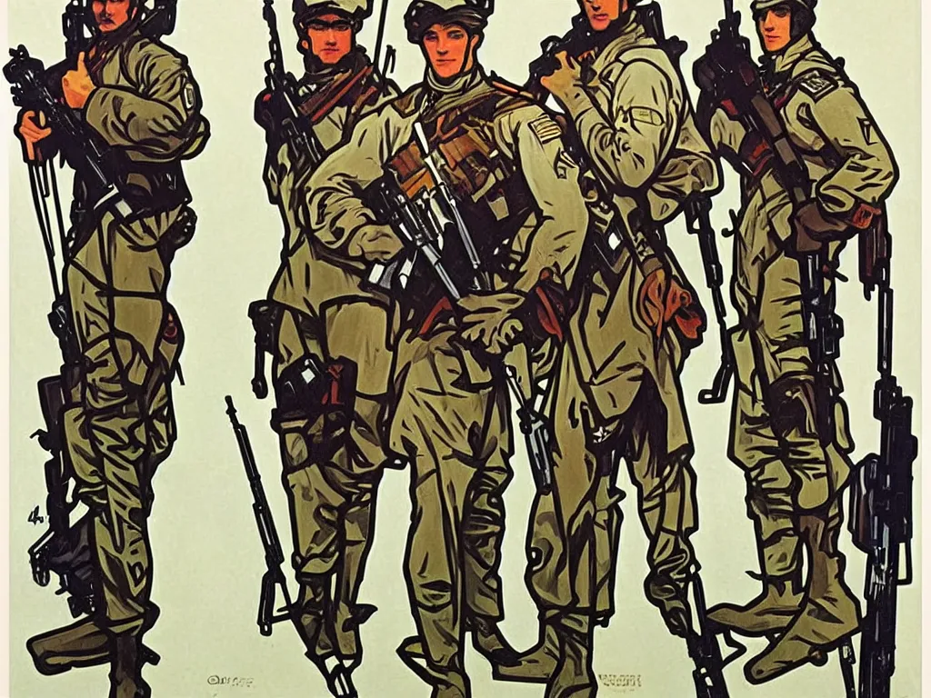 Image similar to 4 elegant full length special forces soldiers with orca prints designed by alphonso mucha