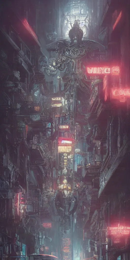 Image similar to concept art, retro - futurist viking cyborg warrior, detailed, ornate, hyper - realistic, towering, imperious size, artstation, dramatic neon lighting, glowing mystical motifs, bladerunner, by gerald brom, james jean, syd mead, akihiko yoshida, cinematic