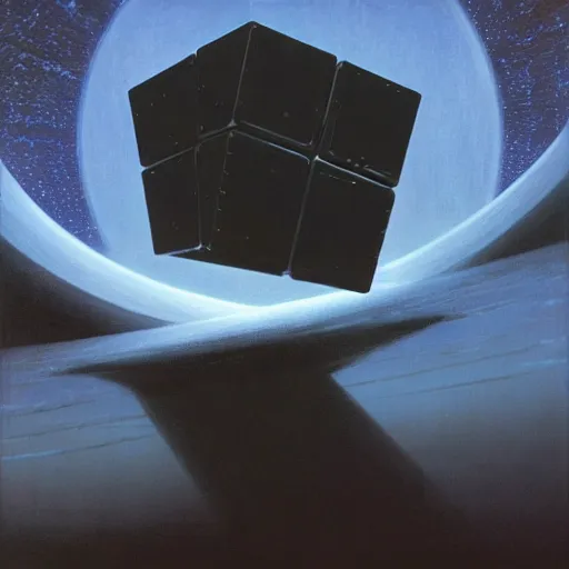 Prompt: a metallic cube in black background, by Dean Ellis, by Vincent Di Fate, by Bruce Pennington, by David A. Hardy, by Wayne Barlowe, masterpiece, oil on canvas, trending on artstation, featured on pixiv, cinematic composition, dramatic scene, beautiful lighting, sharp, high details, no frames, 8K