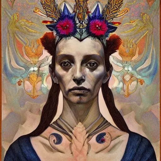 Image similar to the bone crown, by Annie Swynnerton and Nicholas Roerich and (((Diego Rivera))), embroidered robes, floral tattoos, bioluminescent skin!, elaborate costume, geometric ornament, symbolist, soft colors, dramatic lighting, smooth, sharp focus, extremely detailed