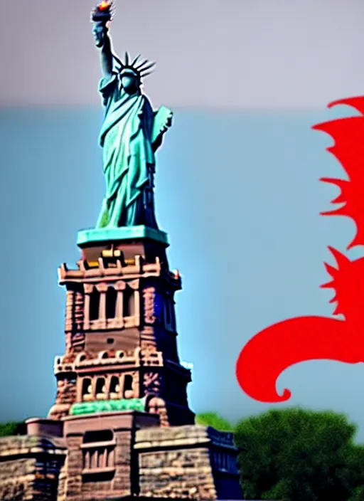 Image similar to red dragon and statue of liberty