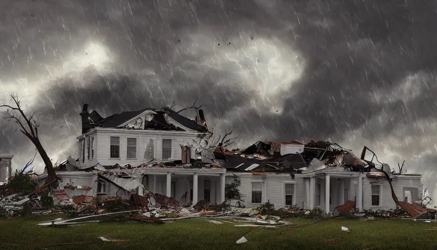 Image similar to white house destroyed by tornado, thunderstorm, rain, debris, black clouds, hyperdetailed, artstation, cgsociety, 8 k