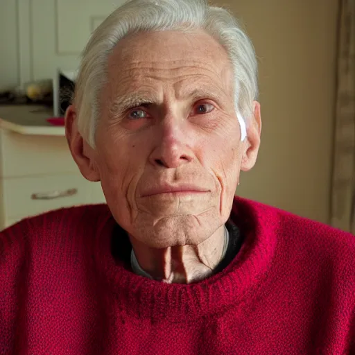 Image similar to A photograph of old Jerma985 in his eighties who looks like Jerma985 wearing a sweater in the 2010s, Jerma985, looks like Jerma985, taken in the late 2010s, taken on a 2010s Camera, realistic, hyperrealistic, very realistic, highly detailed, very detailed, extremely detailed, detailed, digital art, trending on artstation, headshot and bodyshot, detailed face, very detailed face