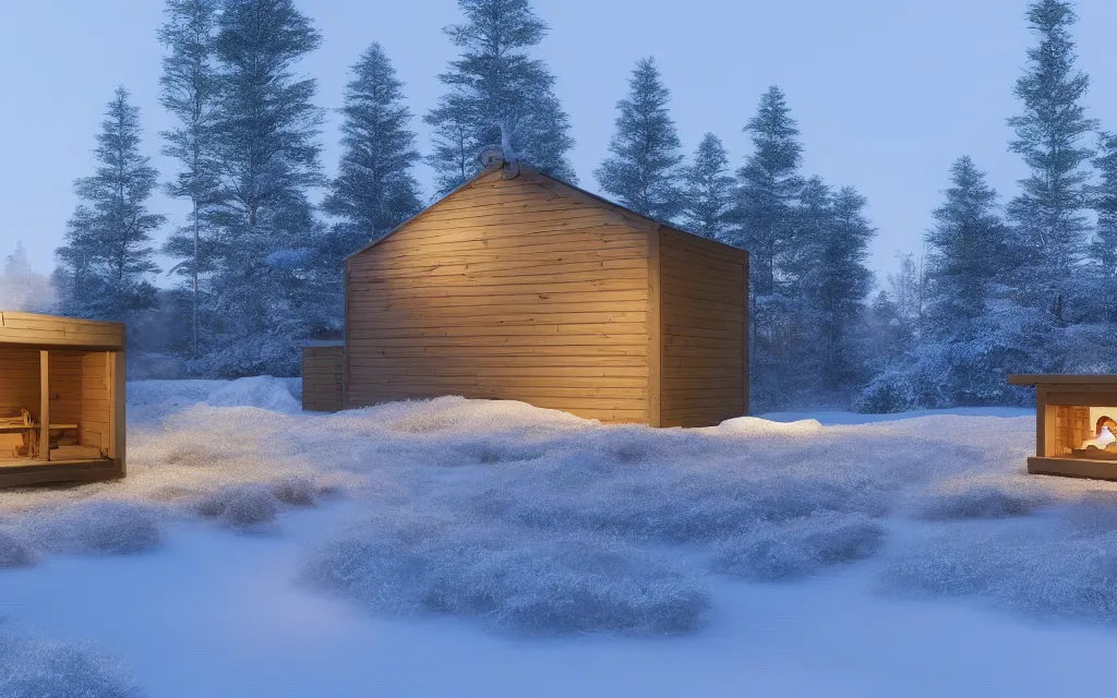 Prompt: finnish sauna architectural visualization, winter scene, cozy, corona render, rendered in vray, evening light, lakeside, dof, mountainous landscape, pine forest, evermotion, ronen bekerman, contest winner, archviz, peter guthrie, box visuals