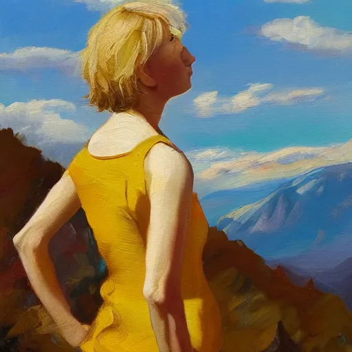 Image similar to a woman with short blonde hair poses on a mountain, oil painting,