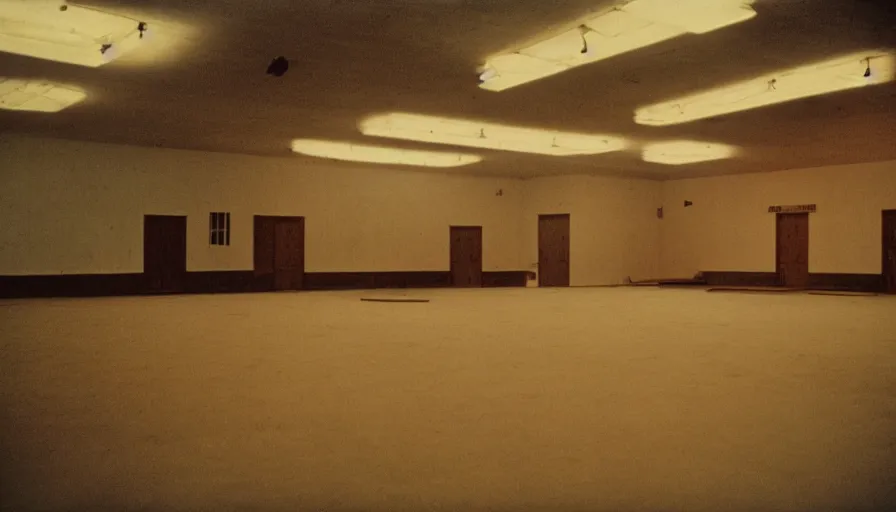 Prompt: 60s movie still of a sovietic stalinist style empty ballroom with corpses, cinestill 800t 50mm eastmancolor, liminal Space style, heavy grain-s 150