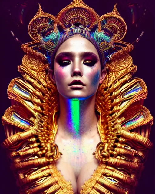 Prompt: hyperrealistic detailed portrait of a beautiful goddess in an iridescent - gold ornamental headdress, intricate cyberpunk make - up, golden face tattoos, art by android jones, john william godward, nekro borja, gothic - cyberpunk, beautiful deep colours,