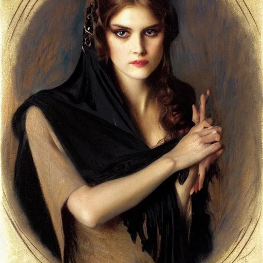 Image similar to portrait of a young women wearing a black cloak, her face is a skull, ultra realistic and highly detailed painting by gaston bussiere and j. c. leyendecker 8 k