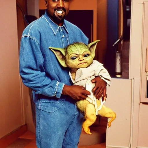 Prompt: kanye west smiling and holding holding yoda for a 1 9 9 0 s sitcom tv show, studio photograph, portrait c 1 2. 0