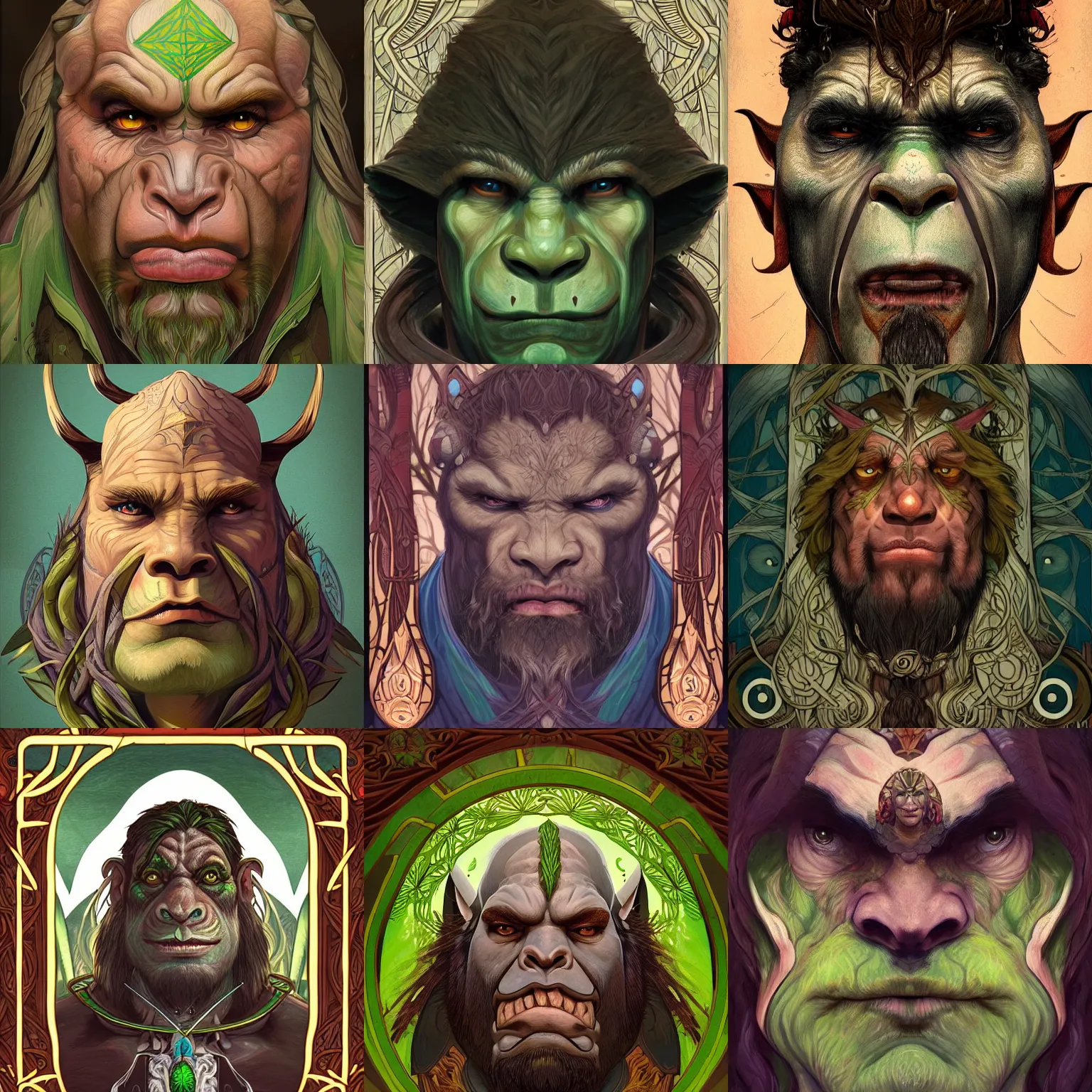 Image similar to head-on symmetrical centered painted portrait, D&D male orc forest druid, art nouveau, tarot card style, tarot card style, fantasy, intricate, elegant, highly detailed, smooth, sharp focus, illustration, artstation, in the style of Artgerm and Anna Podedworna and Alex Ross and Mucha