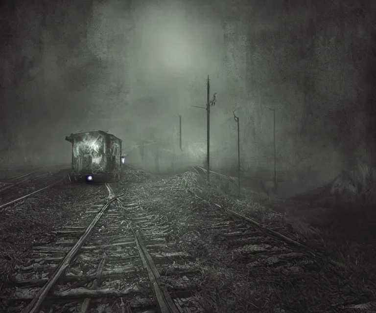 Prompt: creepy ghost train, high res, photorealistic, dark atmosphere, dark fantasy, gloomy tracks, bright lights, forestry