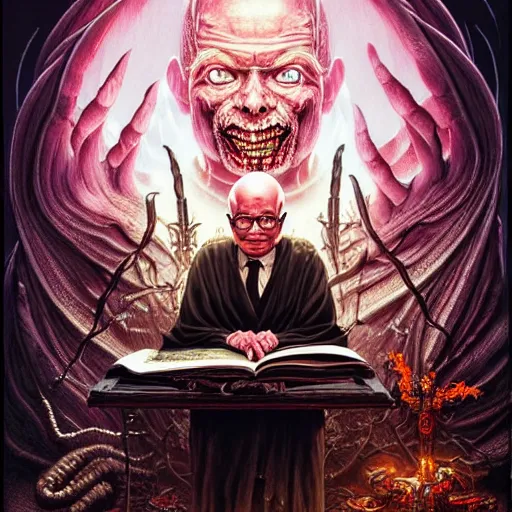 Image similar to uhd photorealistic dark scifi illustration of klaus schwab at a demonic altar, reading the necronomicon, wearing bizarre voodoo makeup. cinematic lighting, intricate voodoo makeup, in the style of akira toriyama, beksisnski, amano and karol bak, evil, fantasy, hyperdetailed.