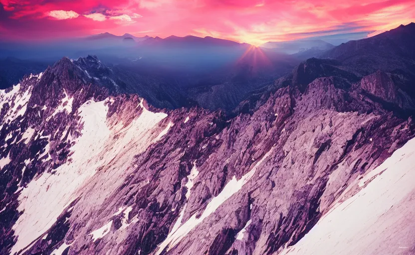 Image similar to beautiful mountain landscape, vaporwave, sunset, professional photography