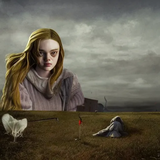 Image similar to Elle Fanning in the painted world of Courage the Cowardly dog and Dark Souls, head and shoulders masterpiece, apocalypse, golden hour, cosmic horror, artstation, in the style of Andrew Wyeth and Edward Hopper and Bosch, extremely detailed