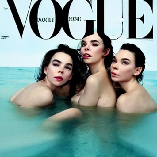 Image similar to stunning vogue magazine photo of dark - haired goddesses vanessa kirby, hailee steinfeld, and bjork smiling, legs intertwined, in a bubble bath, with wet faces!!, wet lips, smooth skin, perfect eyes, insanely detailed, elegant, by wlop, rutkowski, livia prima, mucha, wlop,