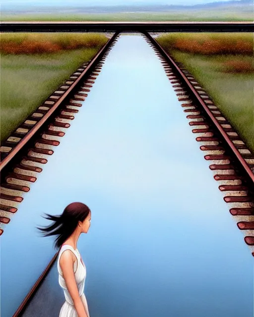 Prompt: shallow reflective water completely covers submerged train tracks as a girl walks along carrying her shoes, there is a train station in the distance, large white clouds on a wide horizon, intricate, elegant, highly detailed, digital painting, artstation, concept art, smooth, sharp focus, illustration, art by artgerm and greg rutkowski and fra angelico