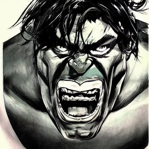 Image similar to Yoji Shinkawa drawing of The Hulk eating a bike