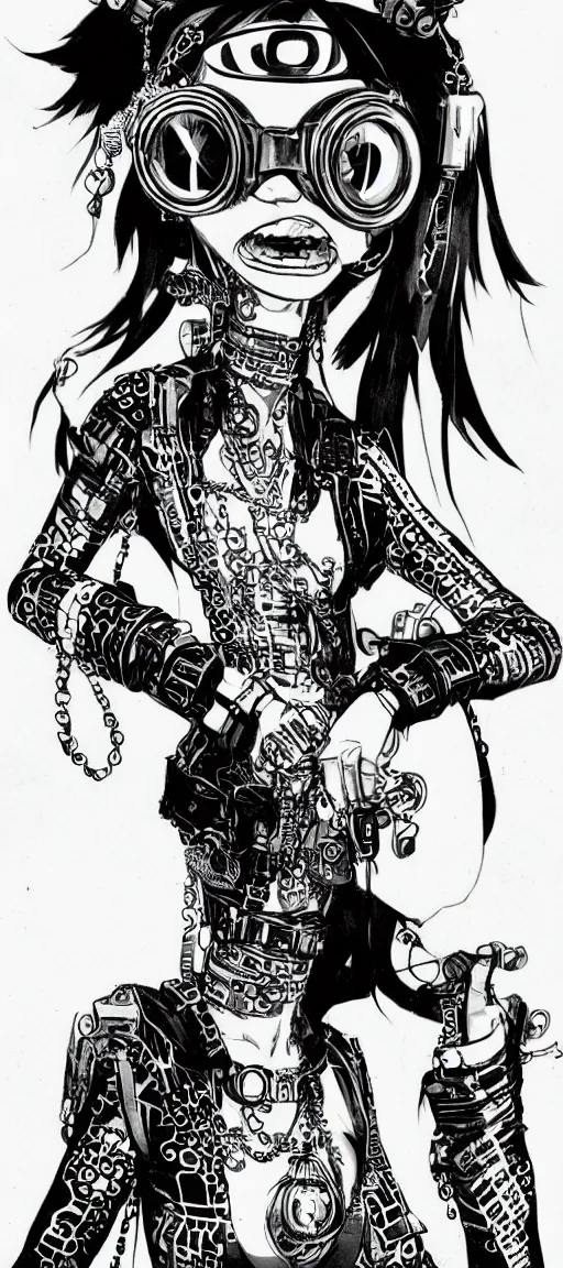 Prompt: a cybergoth woman wearing goggles and eccentric jewelry by jamie hewlett :: full body character concept art, detailed, intricate