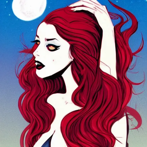 Prompt: a beautiful comic book illustration of a vampire woman with long red hair sitting near a lake at night by chip zdarsky, featured on artstation