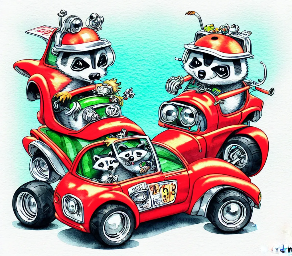 Prompt: cute and funny, racoon wearing a helmet driving ( riding in ) a tiny hot rod with oversized engine, ratfink style by ed roth, centered award winning watercolor pen illustration, isometric illustration by chihiro iwasaki, edited by craola, tiny details by artgerm and watercolor girl, symmetrically isometrically centered