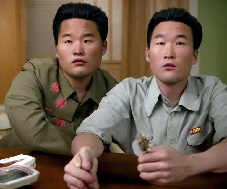 Image similar to hyperralism pineapple express ( 2 0 0 8 ) movie still photography of real detailed north korean kim chen with detailed face smoking high detailed weed and reviewing weed bush in detailed basement bedroom ultra violet light