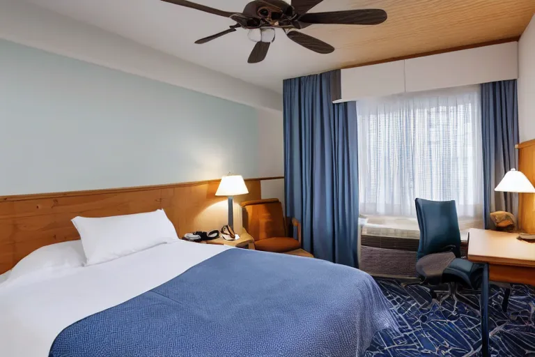 Image similar to a 10 by 11 foot old run down hotel room with white with a criss cross pattern in blue grey walls, white ceiling, navy blue carpet, a small bed, desk, two wooden wardrobes, a little side table in a light wood veneer, a window, desk fan, table light, and an old tube TV, and a ceiling fan gives off a dim orange light. Old