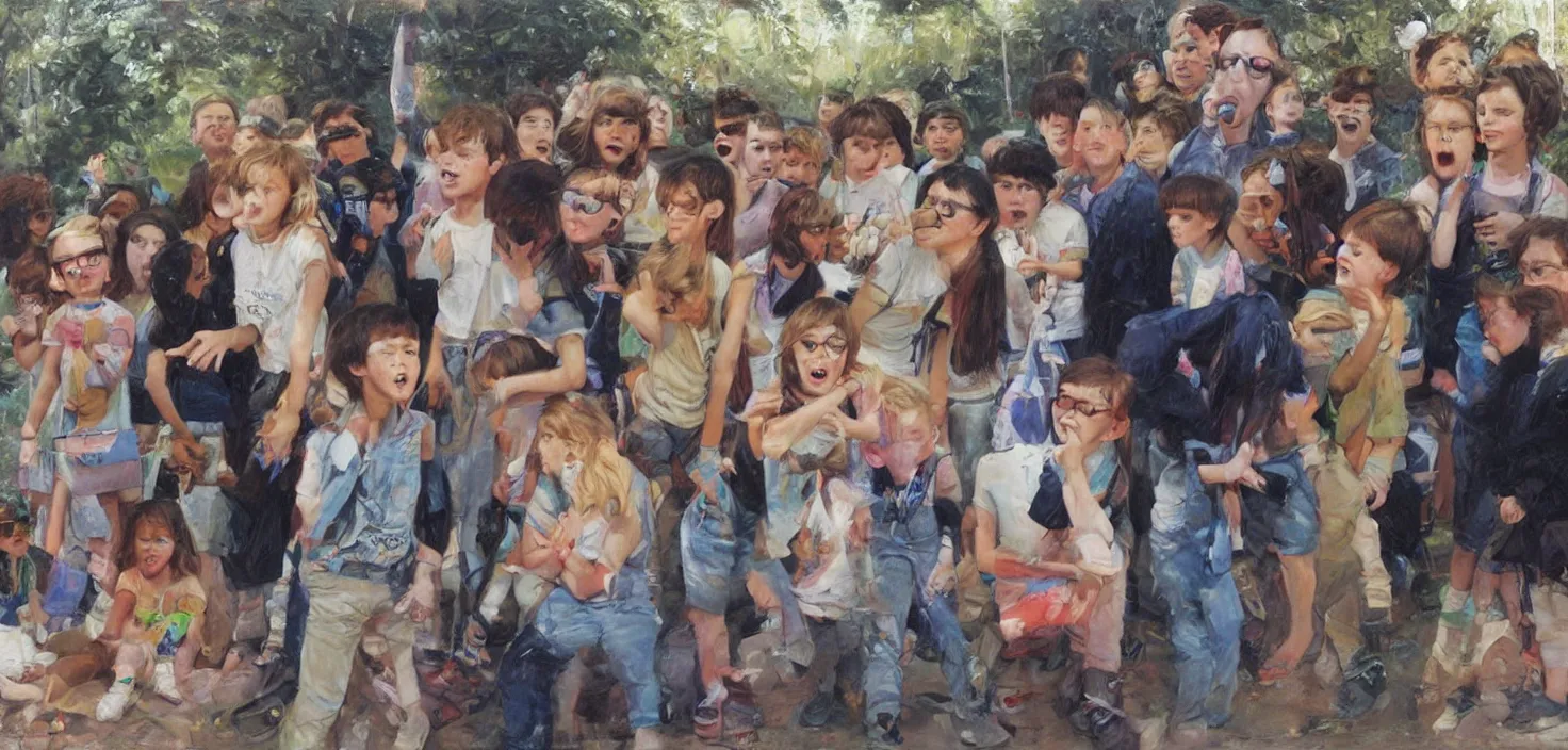Image similar to a nerdy child stood looking at a group of cool children whilst singing echosmiths song cool kids, oil painting by James gurney